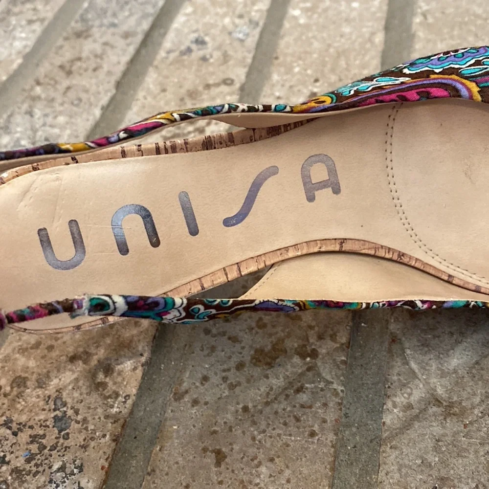 unisa paisley sling back heels with cork heel size 6.5